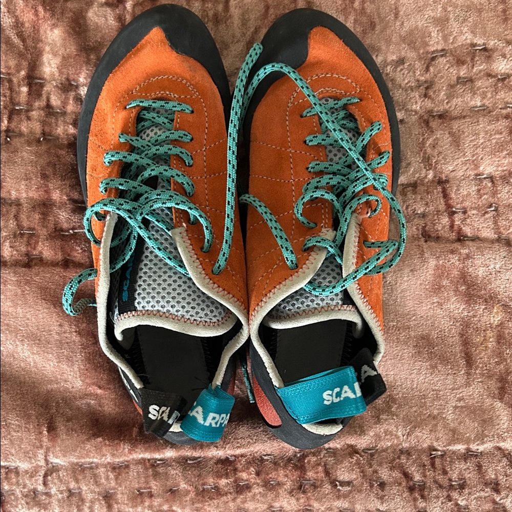 Scarpa Vibrant Orange and Teal Climbing Shoes